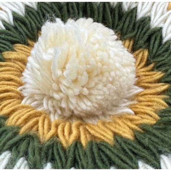 Vintage Hand-Knit Wool Beret With Pom-Pom Accent In Green Cream & Mustard For Ad - Picture 8 of 8